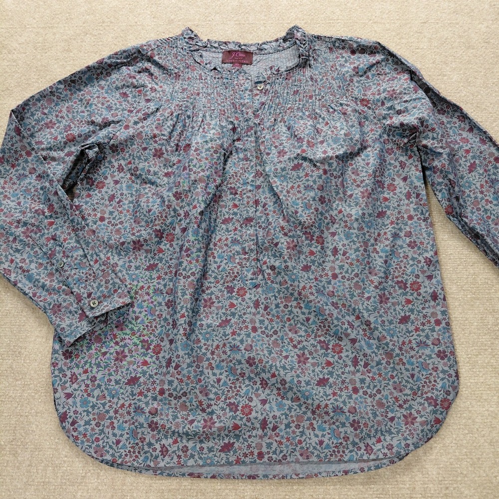 J Crew Blouse Womens XS Ruffle V-nec Liberty Fabric Blue Purple Floral Cottage